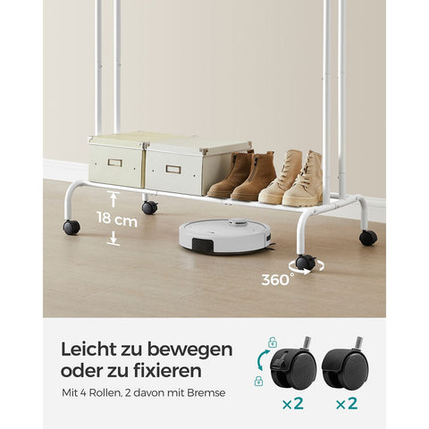 Rootz Clothes Rack with Wheels - Garment Rack - Rolling Rack - 2-tiered - White - 90cm x 40cm x 160cm