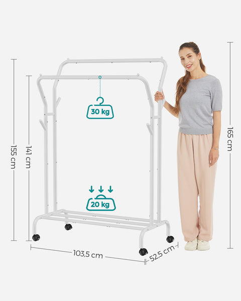 Rootz Clothes Rack with Wheels - Garment Rack - Rolling Rack - 2-tiered - White - 90cm x 40cm x 160cm