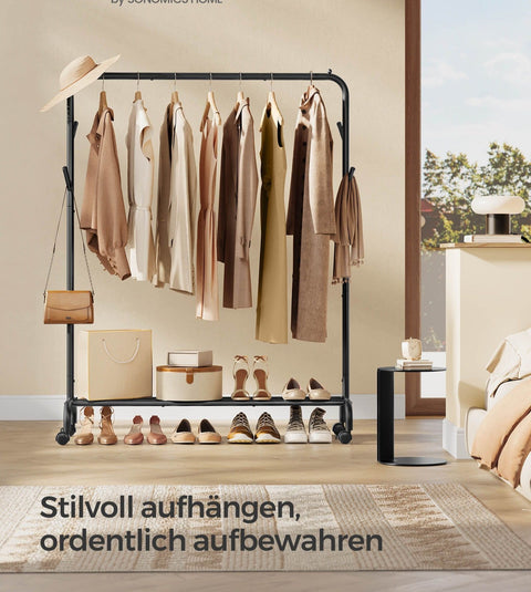 Rootz Clothes Rack with Wheels - Garment Organizer - Mobile Wardrobe - Sturdy Steel - 41cm x 103.5cm x 155cm - Black