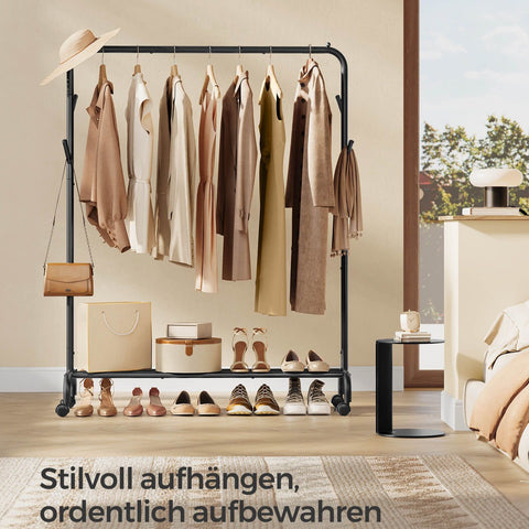 Rootz Steel Clothes Rack - Rolling Garment Rack - Wardrobe Organizer - 41cm x 103.5cm x 155cm - Heavy Duty - Black