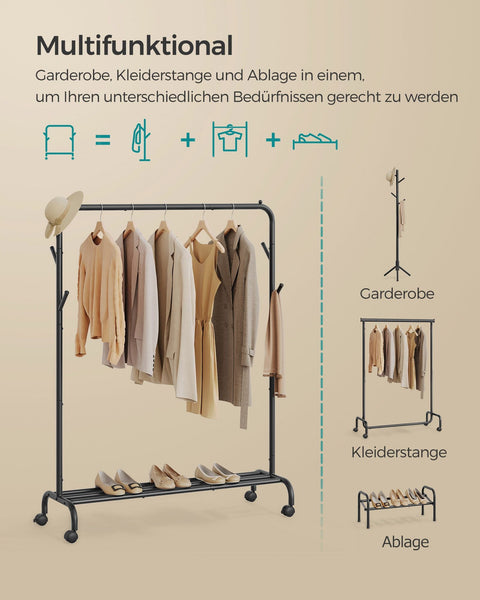 Rootz Steel Clothes Rack - Rolling Garment Rack - Wardrobe Organizer - 41cm x 103.5cm x 155cm - Heavy Duty - Black