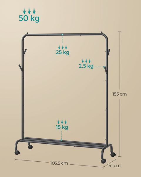 Rootz Clothes Rack with Wheels - Garment Organizer - Mobile Wardrobe - Sturdy Steel - 41cm x 103.5cm x 155cm - Black