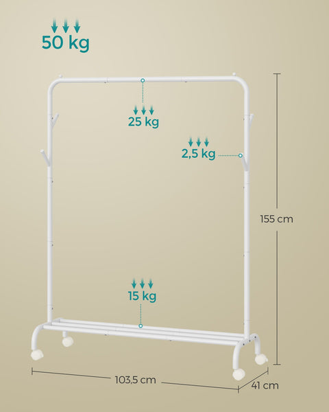 Rootz Mobile Clothes Rack - Rolling Garment Stand - Portable Wardrobe - Alloy Steel - 103.5cm x 41cm x 155cm - White