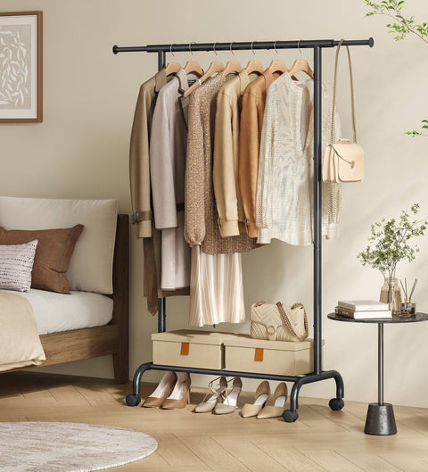 Rootz Clothes Rack on Wheels - Garment Rack - Mobile Wardrobe - 45kg Capacity - Ink Black - 40x(83-120)x156cm