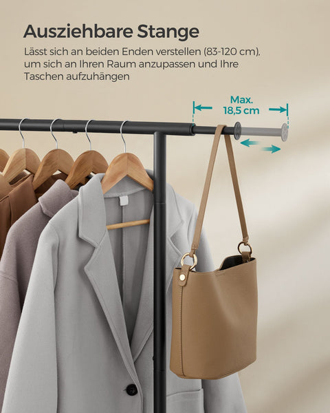 Rootz Clothes Rack on Wheels - Garment Rack - Mobile Wardrobe - 45kg Capacity - Ink Black - 40x(83-120)x156cm