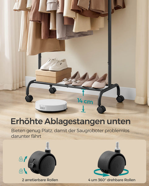 Rootz Adjustable Rolling Clothes Rack - Portable Garment Rack - Coat Rack - Steel & Plastic - 40cm x (83-120)cm x 156cm