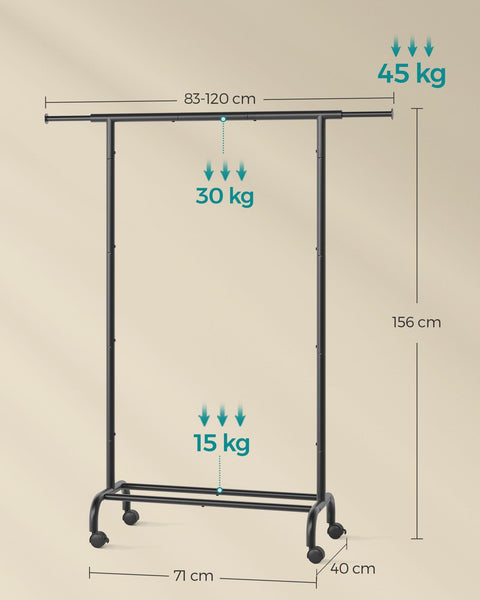 Rootz Clothes Rack on Wheels - Garment Rack - Mobile Wardrobe - 45kg Capacity - Ink Black - 40x(83-120)x156cm