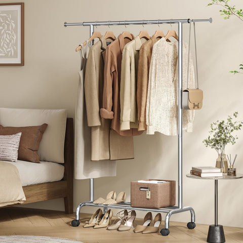 Rootz Adjustable Clothes Rack on Wheels - Garment Rack - Rolling Wardrobe Rack - Steel and Plastic - 40cm x (83-120cm) x 156cm - 2.9kg