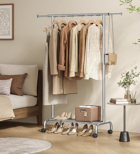 Rootz Clothes Rack on Wheels - Garment Rack - Rolling Clothes Rail - 45kg Capacity - 40x(83-120)x156cm - Steel & Plastic - Grey