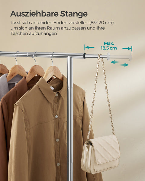 Rootz Clothes Rack on Wheels - Garment Rack - Rolling Clothes Rail - 45kg Capacity - 40x(83-120)x156cm - Steel & Plastic - Grey