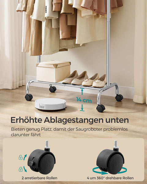 Rootz Clothes Rack on Wheels - Garment Rack - Rolling Clothes Rail - 45kg Capacity - 40x(83-120)x156cm - Steel & Plastic - Grey