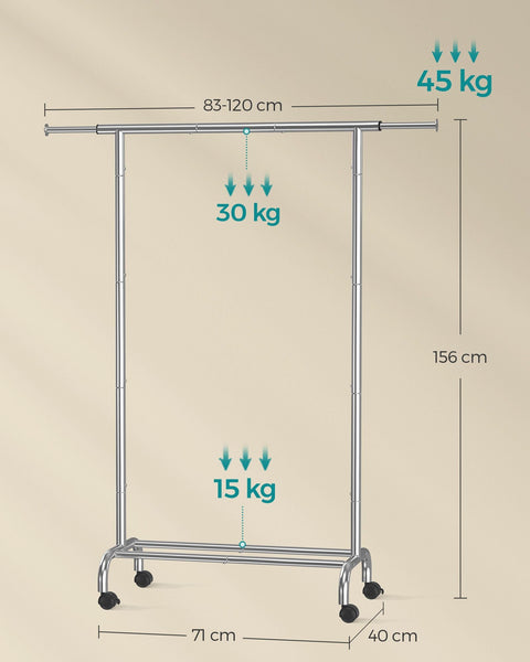 Rootz Adjustable Clothes Rack on Wheels - Garment Rack - Rolling Wardrobe Rack - Steel and Plastic - 40cm x (83-120cm) x 156cm - 2.9kg