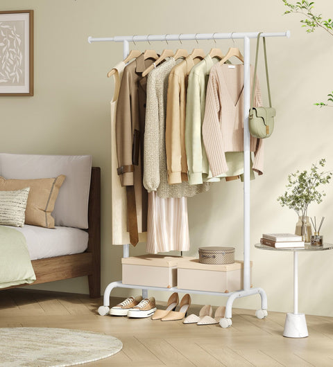 Rootz Clothes Rack on Wheels - Rolling Garment Rack - Mobile Wardrobe - 45kg Capacity - White - 40cm x (83-120)cm x 156cm