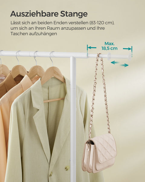 Rootz Clothes Rack on Wheels - Rolling Garment Rack - Mobile Wardrobe - 45kg Capacity - White - 40cm x (83-120)cm x 156cm