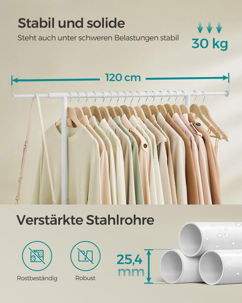 Rootz Clothes Rack on Wheels - Rolling Garment Rack - Mobile Wardrobe - 45kg Capacity - White - 40cm x (83-120)cm x 156cm