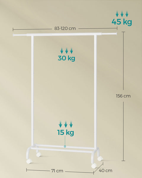 Rootz Clothes Rack on Wheels - Rolling Garment Rack - Mobile Wardrobe - 45kg Capacity - White - 40cm x (83-120)cm x 156cm