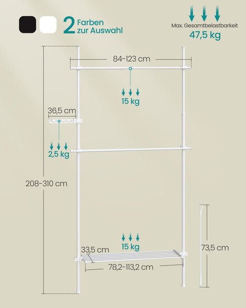 Rootz Floor-to-Ceiling Clothes Rack - Garment Rack - Clothing Stand - Space Saving - 33.5 x (84-123) x (208-310) cm