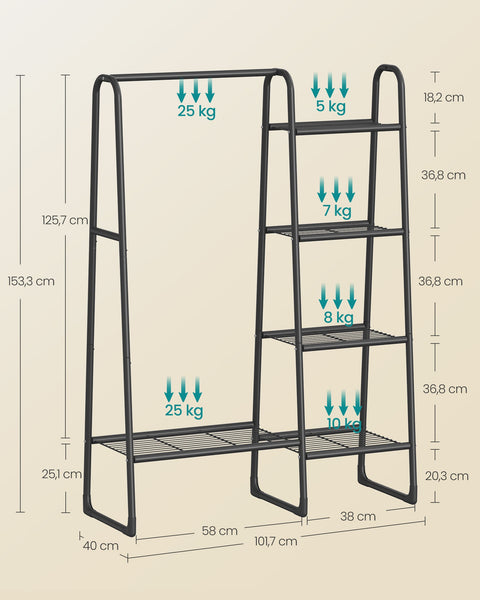 Rootz Clothes Rack - Garment Shelf - Steel Frame - Ink Black - 40cm x 101.7cm x 153.3cm - 5 Tier Wardrobe Stand - 6kg - Max Load 70kg