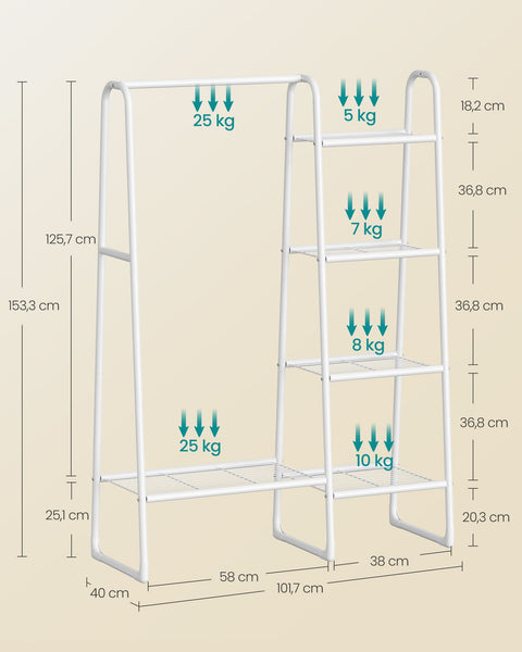 Rootz Clothes Rack - Garment Rack - Storage Rack - Steel Frame - Cloud White - 40cm x 101.7cm x 153.3cm - 70kg Capacity