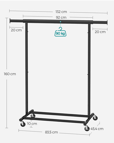 Rootz Extendable Clothes Rack - Coat Stand - Garment Rack - Iron Pipe - Wrinkle-Free Storage Solution - (92-132)cm x 45.4cm x 160cm