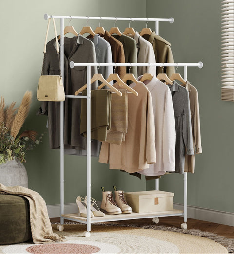 Rootz Clothes Rack on Wheels - Garment Organizer - Rolling Wardrobe - Durable Steel - 39.6 x 98.5 x 156.8 cm - White- Brown