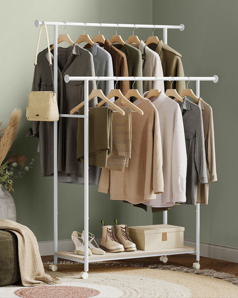 Rootz Clothes Rack with Wheels - Garment Rack - Rolling Wardrobe - Steel Chipboard - Natural Beige Cloud White - 39.6cm x 98.5cm x 156.8cm - Heavy Duty - Easy Assembly - Mobile Storage Solution