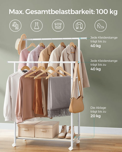 Rootz Clothes Rack with Wheels - Garment Rack - Rolling Wardrobe - Steel Chipboard - Natural Beige Cloud White - 39.6cm x 98.5cm x 156.8cm - Heavy Duty - Easy Assembly - Mobile Storage Solution