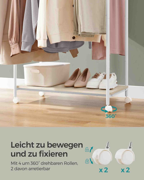 Rootz Clothes Rack on Wheels - Garment Organizer - Rolling Wardrobe - Durable Steel - 39.6 x 98.5 x 156.8 cm - White- Brown