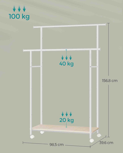 Rootz Clothes Rack on Wheels - Garment Organizer - Rolling Wardrobe - Durable Steel - 39.6 x 98.5 x 156.8 cm - White- Brown