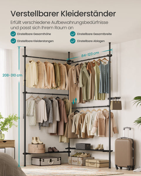 Rootz Adjustable Clothes Rack - Garment Organizer - Matte Black Hanger Stand - Steel & Plastic - 33.5 x (162-238) x (208-310) cm