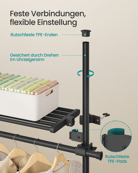 Rootz Adjustable Clothes Rack - Garment Organizer - Matte Black Hanger Stand - Steel & Plastic - 33.5 x (162-238) x (208-310) cm