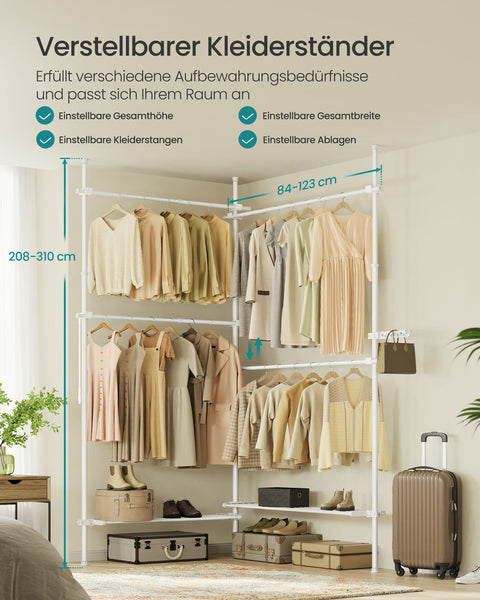 Rootz Clothes Rack - Garment Stand - Wardrobe Organizer - Adjustable Height - 33.5 x (162-238) x (208-310) cm - Matt White Finish