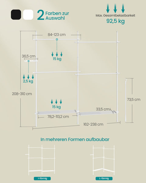 Rootz Clothes Rack - Garment Stand - Wardrobe Organizer - Adjustable Height - 33.5 x (162-238) x (208-310) cm - Matt White Finish
