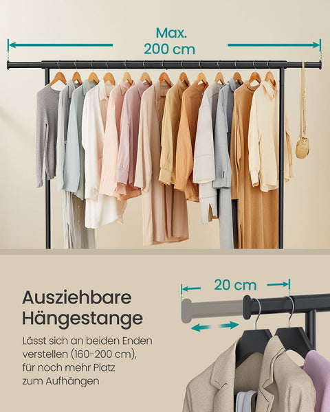 Rootz Adjustable Clothing Rack - Garment Stand - Rolling Rack - Max Load 110kg - 45 x (160-200) x 162.9cm -  Black