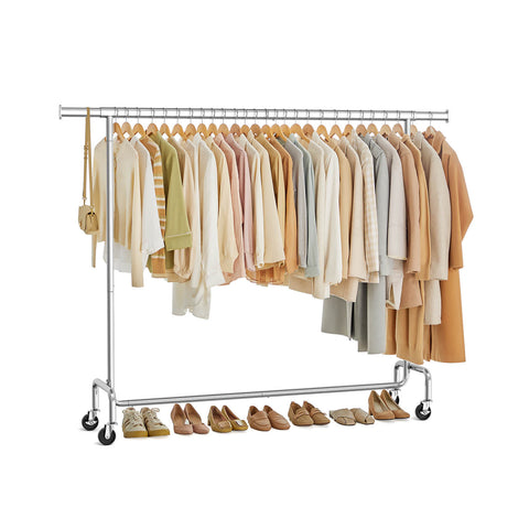 Rootz Clothing Rack - Rolling Garment Rack - Mobile Clothes Stand - Silver Steel - Adjustable Height 45 x (160-200) x 162.9 cm