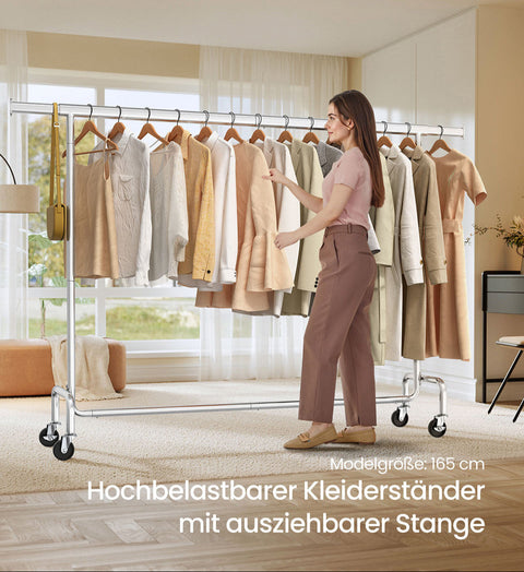 Rootz Clothing Rack - Rolling Garment Rack - Mobile Clothes Stand - Silver Steel - Adjustable Height 45 x (160-200) x 162.9 cm