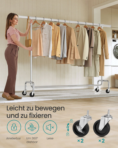 Rootz Clothing Rack - Rolling Garment Rack - Mobile Clothes Stand - Silver Steel - Adjustable Height 45 x (160-200) x 162.9 cm