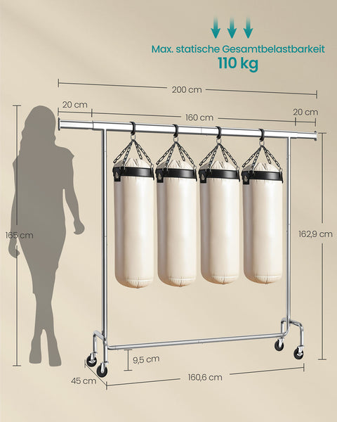 Rootz Clothing Rack - Rolling Garment Rack - Mobile Clothes Stand - Silver Steel - Adjustable Height 45 x (160-200) x 162.9 cm