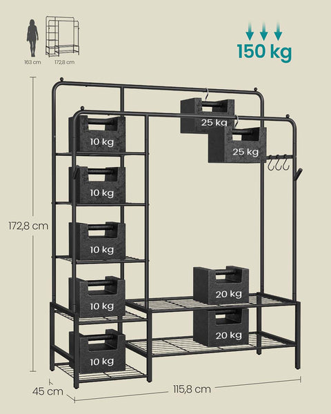 Rootz Steel Clothing Staircase - Black Wardrobe Organizer - Garment Rack - 150 kg Capacity - 45 x 115.8 x 172.8 cm