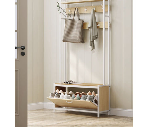 Rootz Coat Stand with Shoe Cabinet - Entryway Organizer - Hall Tree - Brown & White Finish - 30cm x 85cm x 180cm