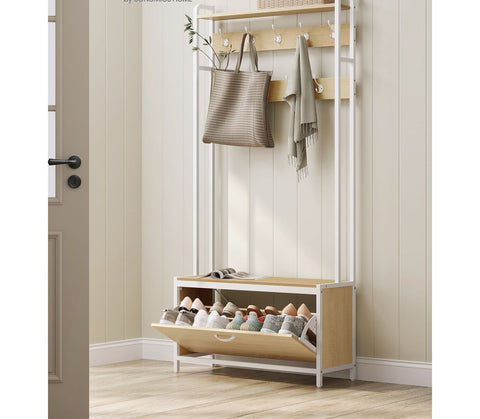 Rootz Coat Stand with Shoe Cabinet - Hallway Organizer - Entryway Storage - Space-saving Solution - Brown-White - 30cm x 85cm x 180cm