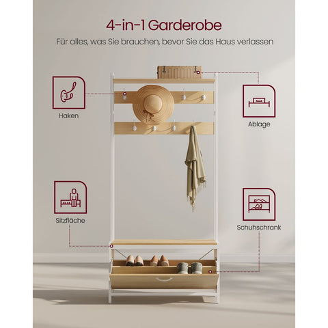 Rootz Coat Stand with Shoe Cabinet - Entryway Organizer - Hall Tree - Brown & White Finish - 30cm x 85cm x 180cm