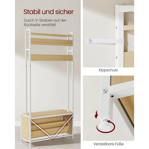 Rootz Coat Stand with Shoe Cabinet - Entryway Organizer - Hall Tree - Brown & White Finish - 30cm x 85cm x 180cm