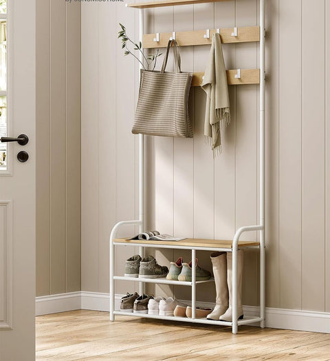 Rootz Wooden Coat Stand - Oak White Coat Hanger - 9 Hooks - Chipboard & Steel - 30cm x 85cm x 180.5cm - Max Load 90kg