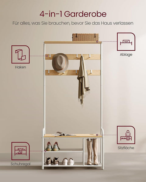 Rootz Wooden Coat Stand - Oak White Coat Hanger - 9 Hooks - Chipboard & Steel - 30cm x 85cm x 180.5cm - Max Load 90kg