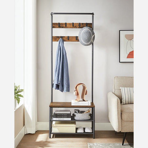 Rootz Coat Stand with Bench - Garment Rack - Hallway Organizer - Space-Saving Design - 32.2 x 64 x 180 cm