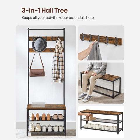 Rootz Coat Stand with Bench - Garment Rack - Hallway Organizer - Space-Saving Design - 32.2 x 64 x 180 cm