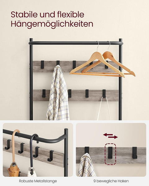 Rootz Coat Rack with Anti-Tip - Wardrobe Organizer - Freestanding Coat Stand - Chipboard Steel Polyester - Greige Black - 32.2cm x 64cm x 180cm - Heavy Duty - Easy Assembly - Space Saving