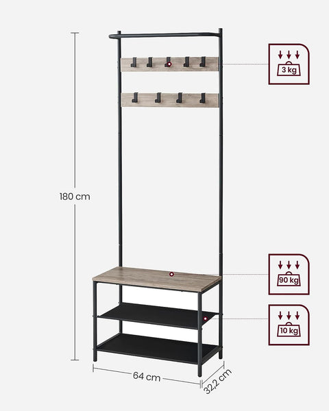 Rootz Coat Rack with Anti-Tip - Wardrobe Organizer - Freestanding Coat Stand - Chipboard Steel Polyester - Greige Black - 32.2cm x 64cm x 180cm - Heavy Duty - Easy Assembly - Space Saving