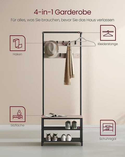 Rootz Coat Rack with Anti-Tip - Wardrobe Organizer - Freestanding Coat Stand - Chipboard Steel Polyester - Greige Black - 32.2cm x 64cm x 180cm - Heavy Duty - Easy Assembly - Space Saving